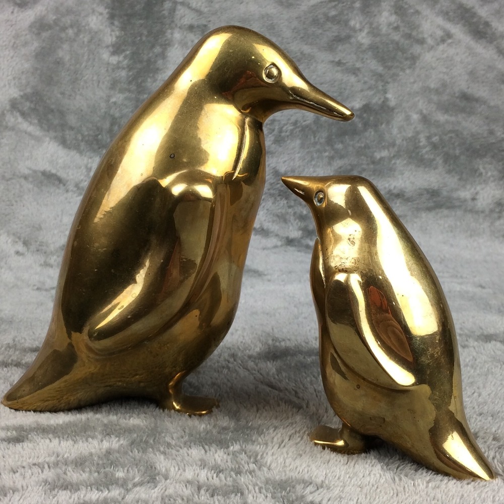 Vintage Brass Penguins Mother and Baby Chick Mid Century Modern MCM